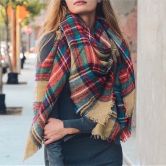 Tartan Plaid Red Tan & Green Oversized Square Blanket Scarf - Picture 10 of 10